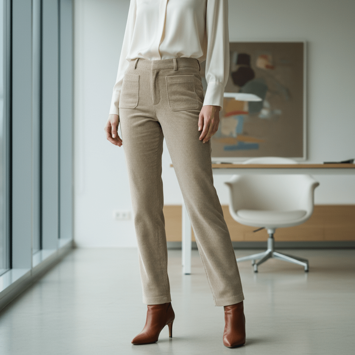 Stone beige fine-wale corduroy pants styled with silk blouse in modern office.