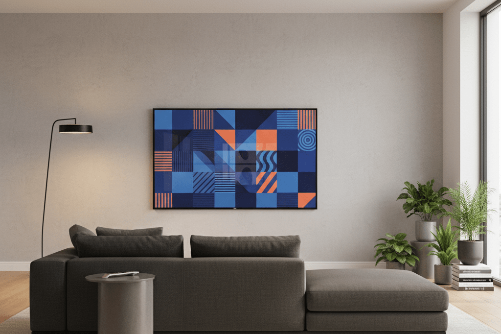 Living room with smart TV, ambient lighting, and modern furniture representing home entertainment trends