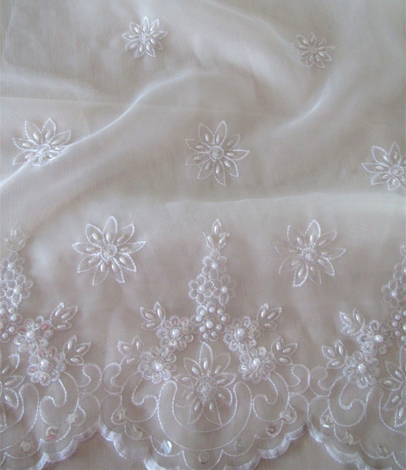 Высококачественная Белая вышитая бисером ткань из органзы для свадебного платья