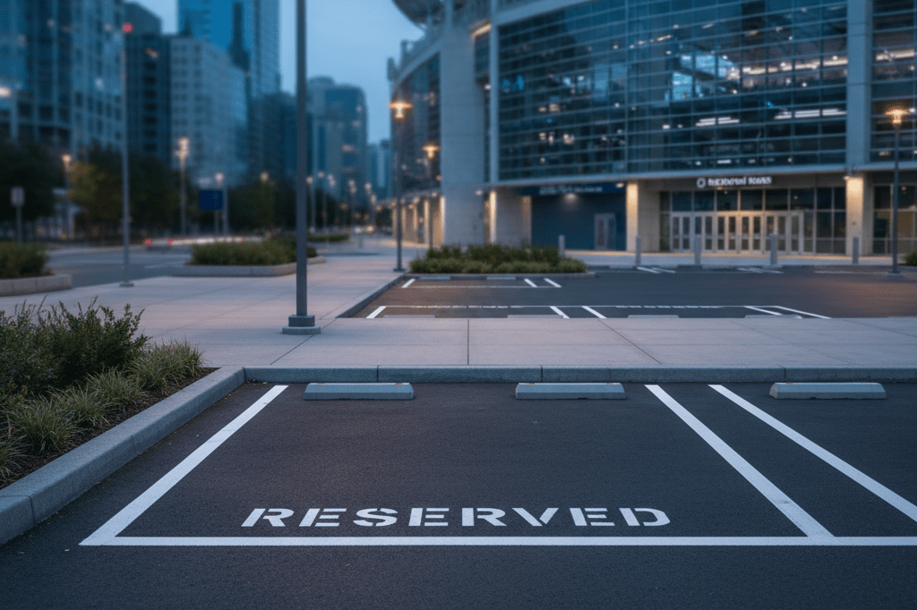 Vacant reserved parking space near stadium entrance lit by warm streetlights at dusk
