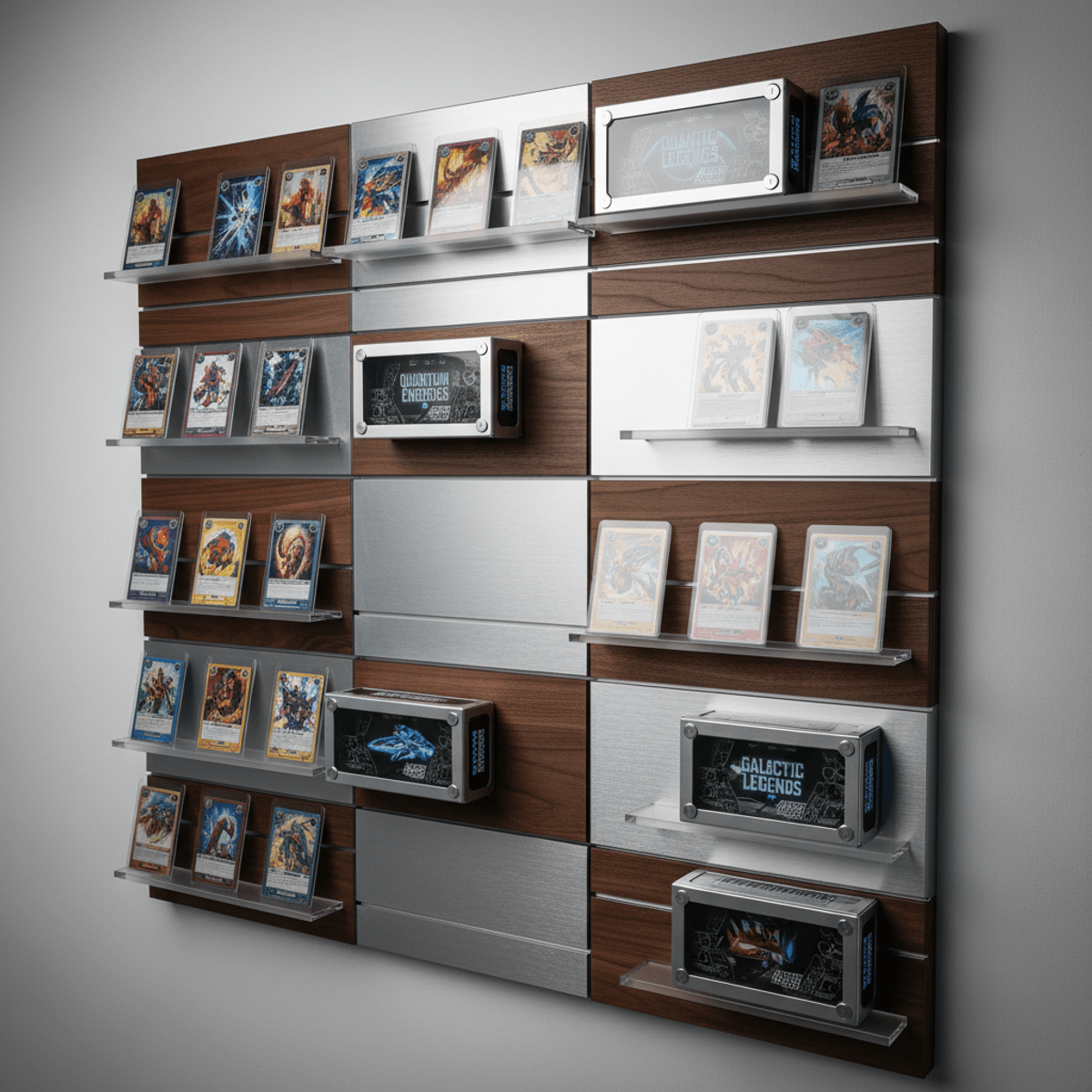 Futuristic modular trading card display with aluminum and walnut, featuring acrylic holders.