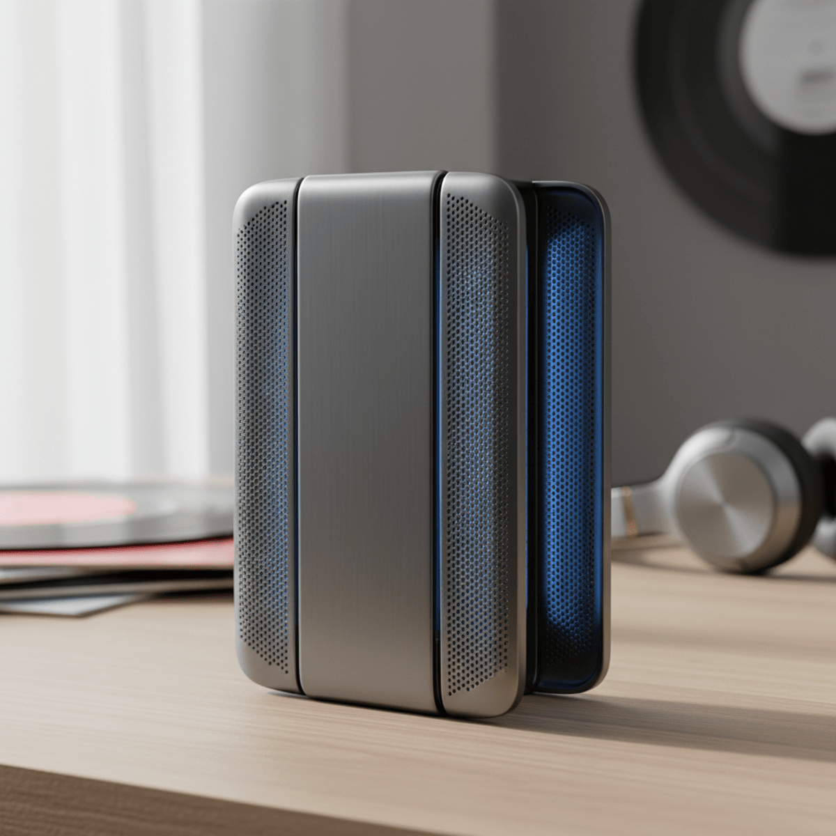 Close-up of a modern slider phone with illuminated stereo speakers.