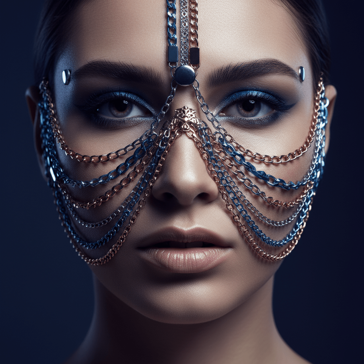 Cyberpunk unibrow jewelry with layered metallic chains and magnetic clasps.