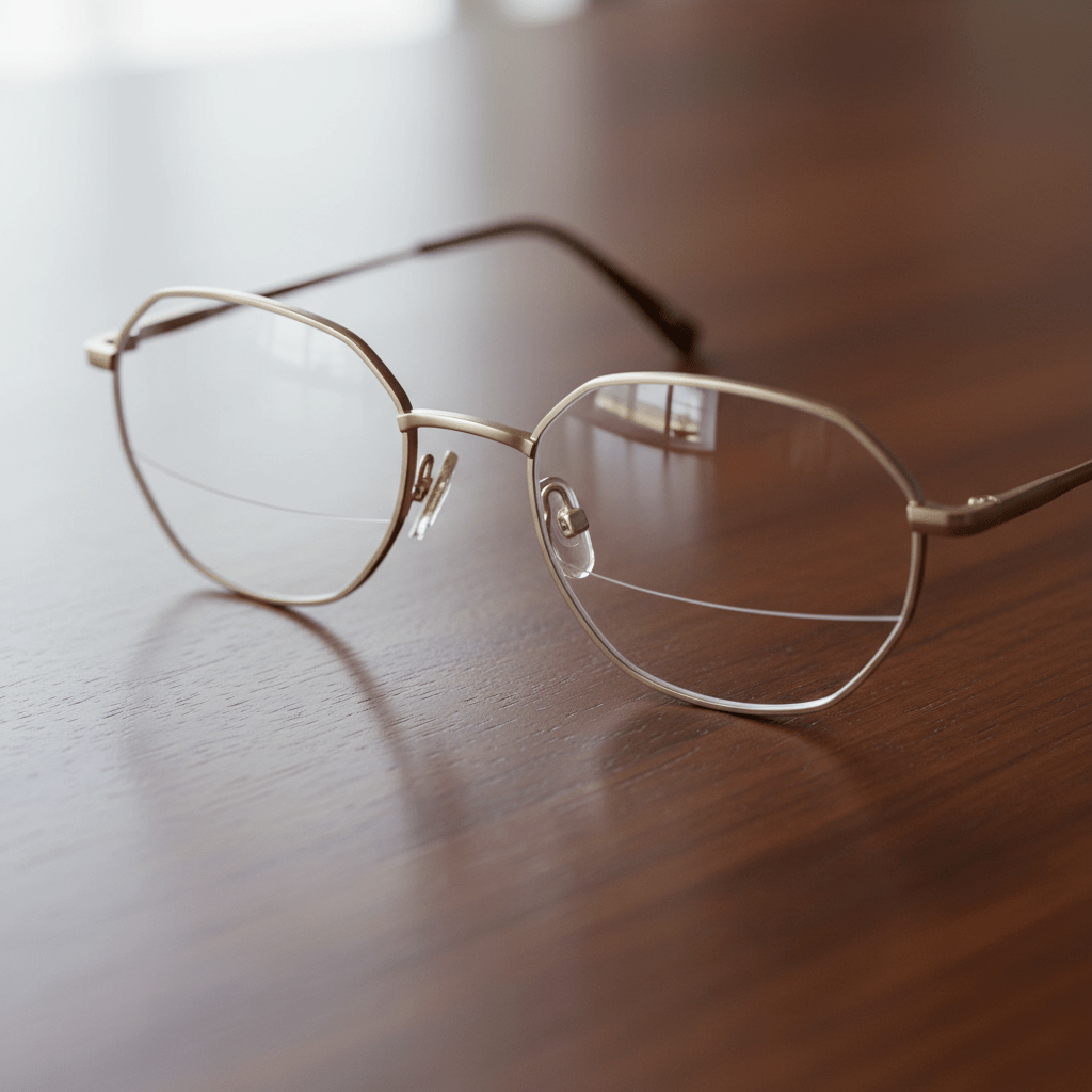 Close-up of thin-rimmed hexagonal bifocal lenses in matte gold on dark wood.