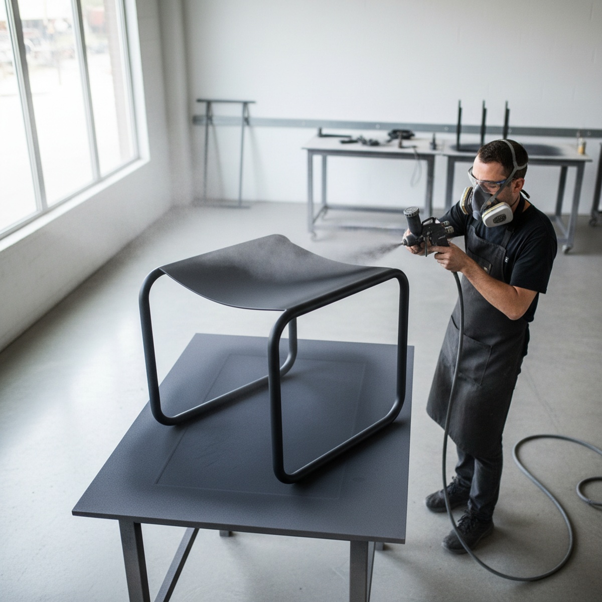 Craftsman applies super-matte charcoal finish to a sleek metal chair with precise spray.