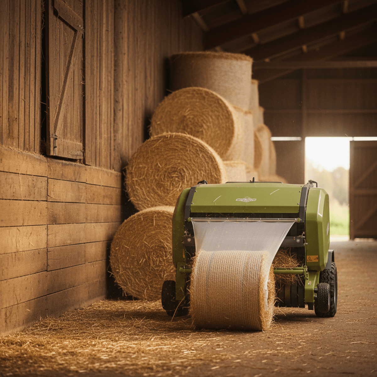 Modern mini baler ejecting compact hay bales in a bright, rustic horse stable.