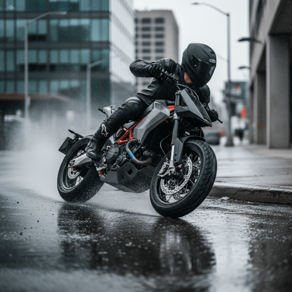 Supermoto tires grip wet asphalt as water sprays from aggressive tread on urban corner.