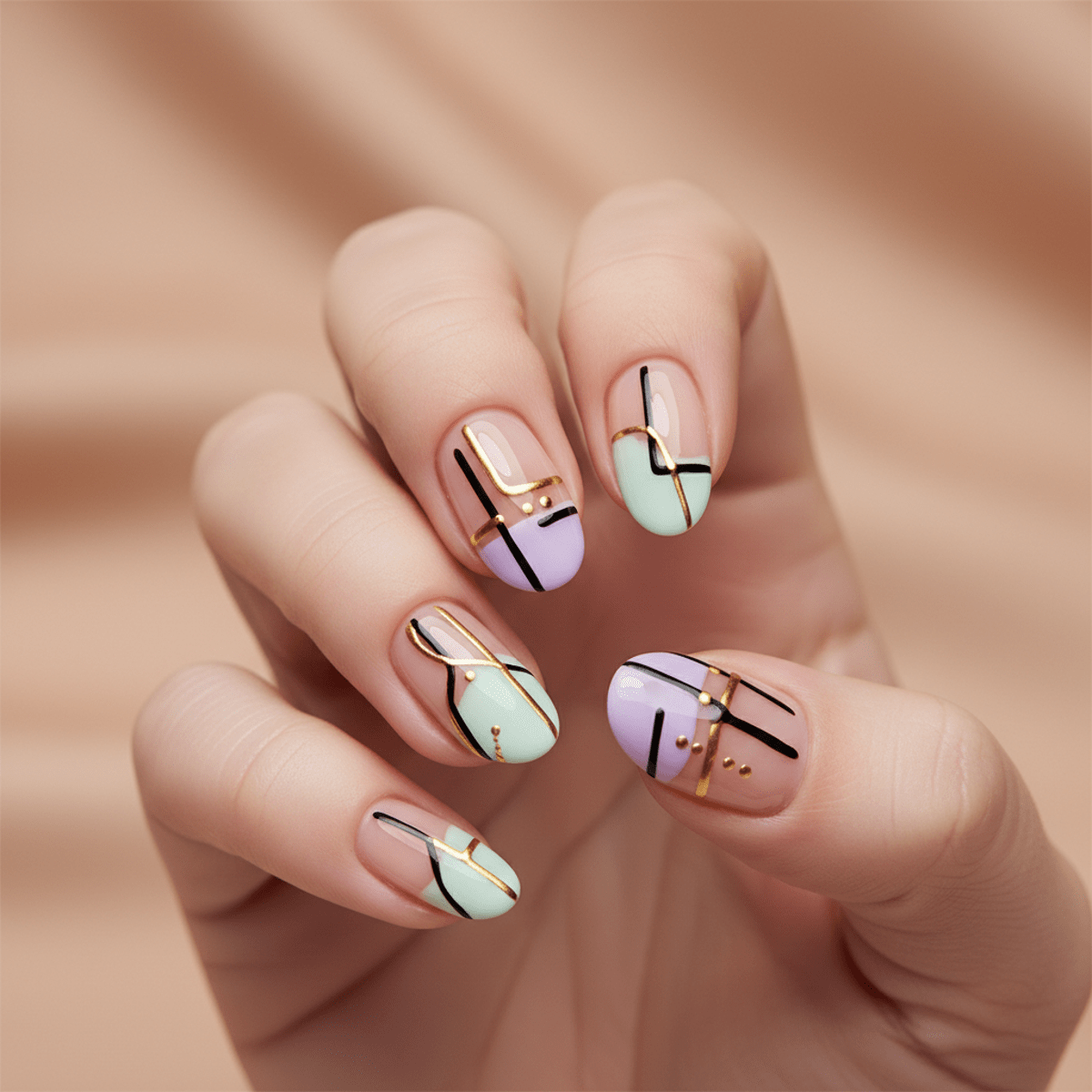 Matte pastel French nails with abstract black and gold geometric lines.