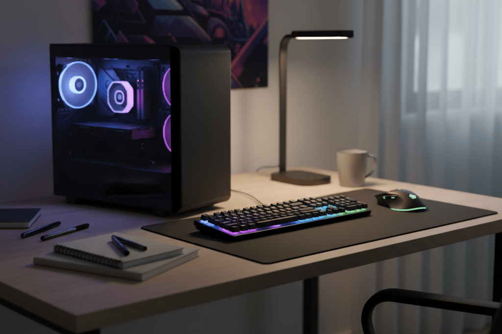 Modern gaming setup under warm ambient light, subtly suggesting reduced player interaction trends