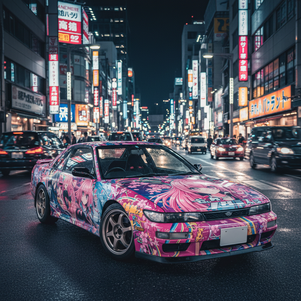 Vibrant Itasha anime art car glows with neon in a bustling Tokyo street.
