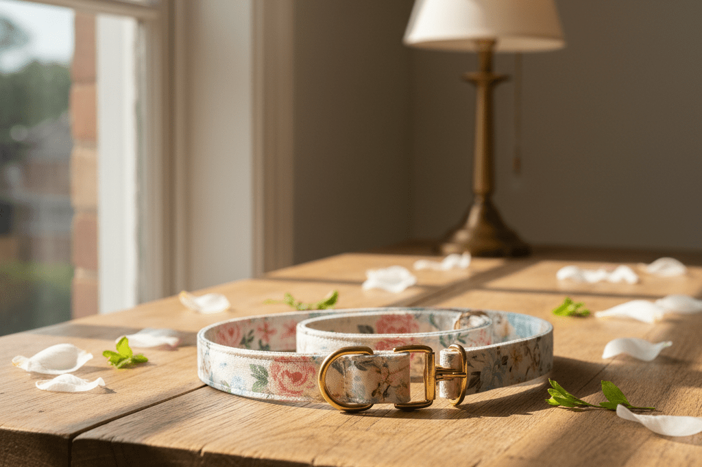 Pet collar and leash set with floral designs on a wooden table under natural daylight, capturing seasonal charm