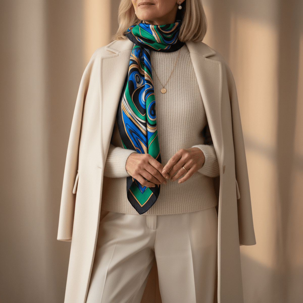 Mature woman in elegant winter white ensemble showcasing luxurious fabric textures.