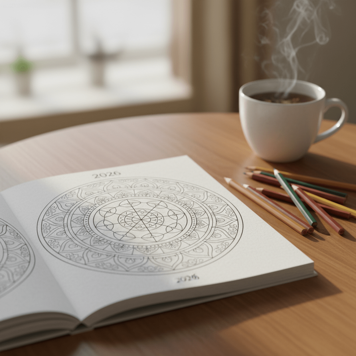 Open coloring book with intricate mandala next to colored pencils and herbal tea.
