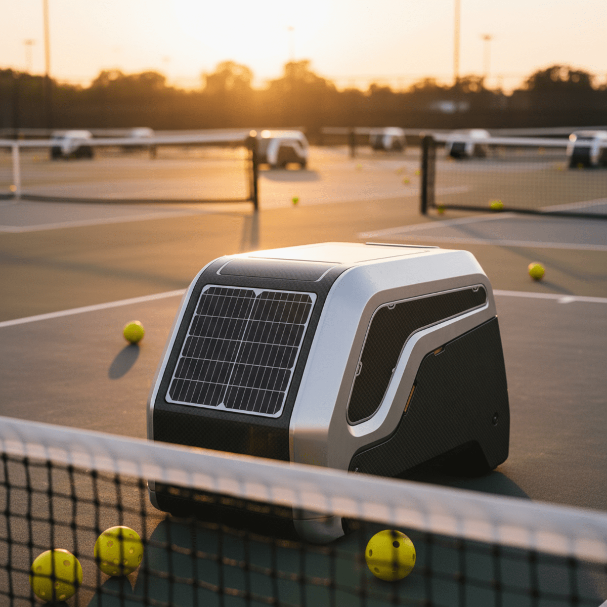 Futuristic solar-powered pickleball machine with advanced charging panels in golden hour light.