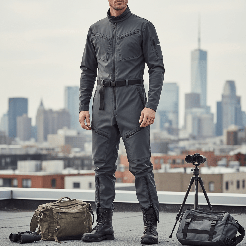 Model in charcoal grey tech-utility jumpsuit on urban rooftop, showing water-resistant nylon texture.