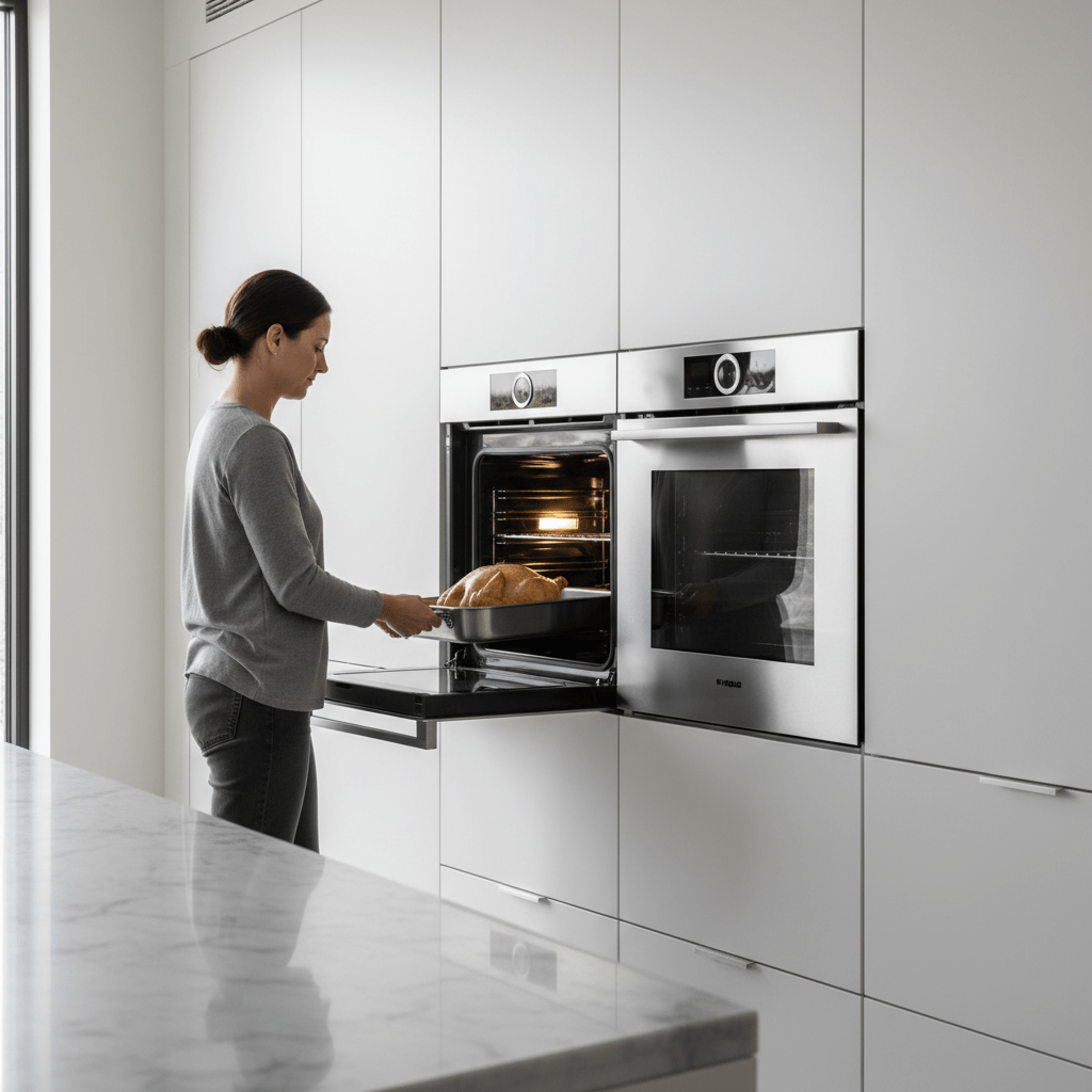 Modern electric oven with French doors, a person slides a roasting pan inside.