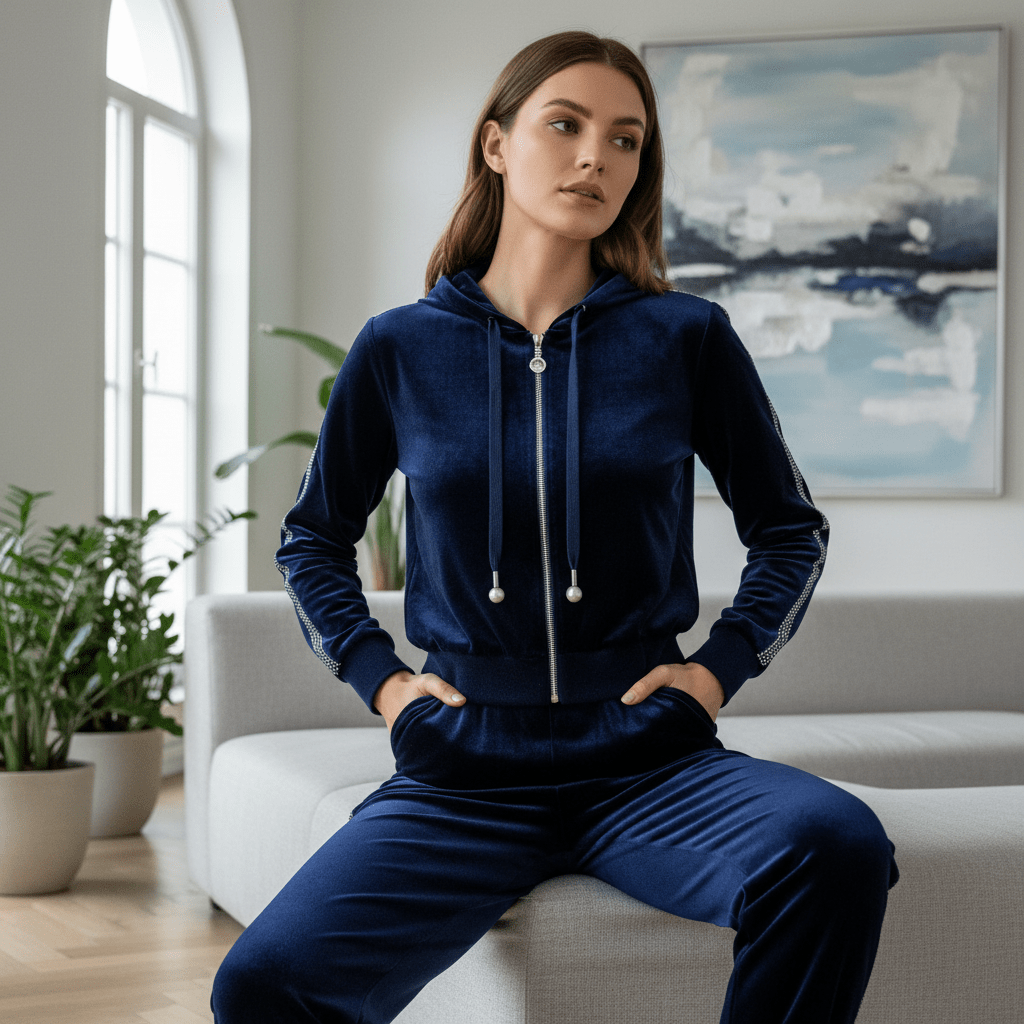 Midnight blue velvet tracksuit on model with rhinestone and pearl embellishments.