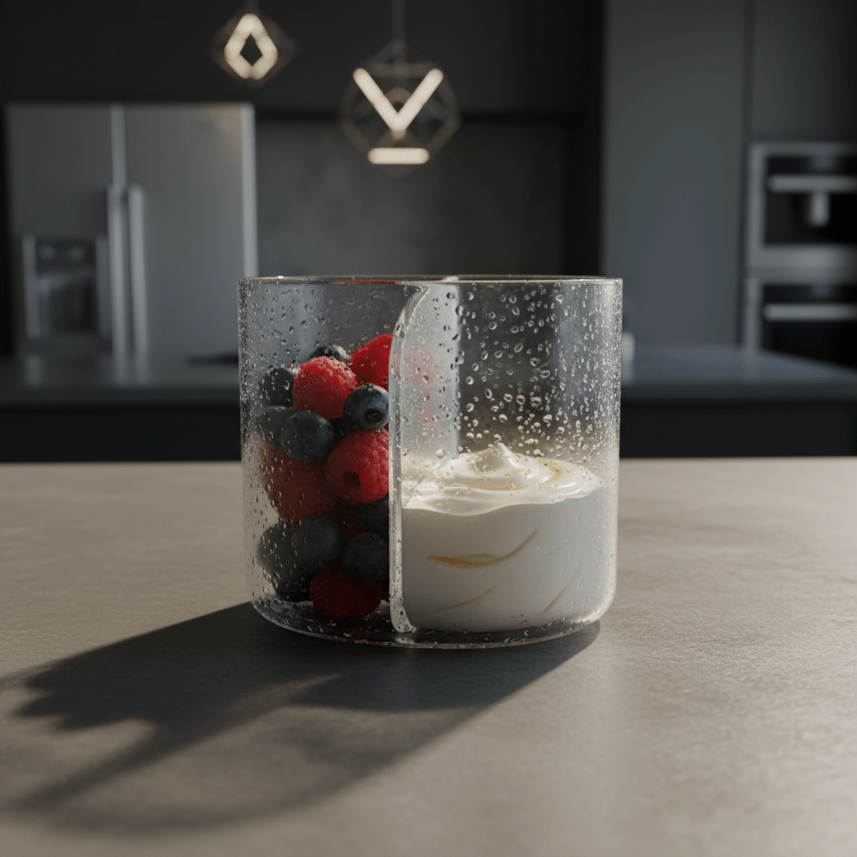 Futuristic frosted glass snack cup with berries and yogurt dip.