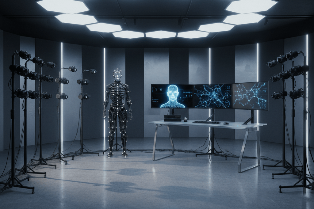 Wide shot of a modern studio with motion capture equipment and wireframe renderings under natural light, highlighting AI applications in visual recreation