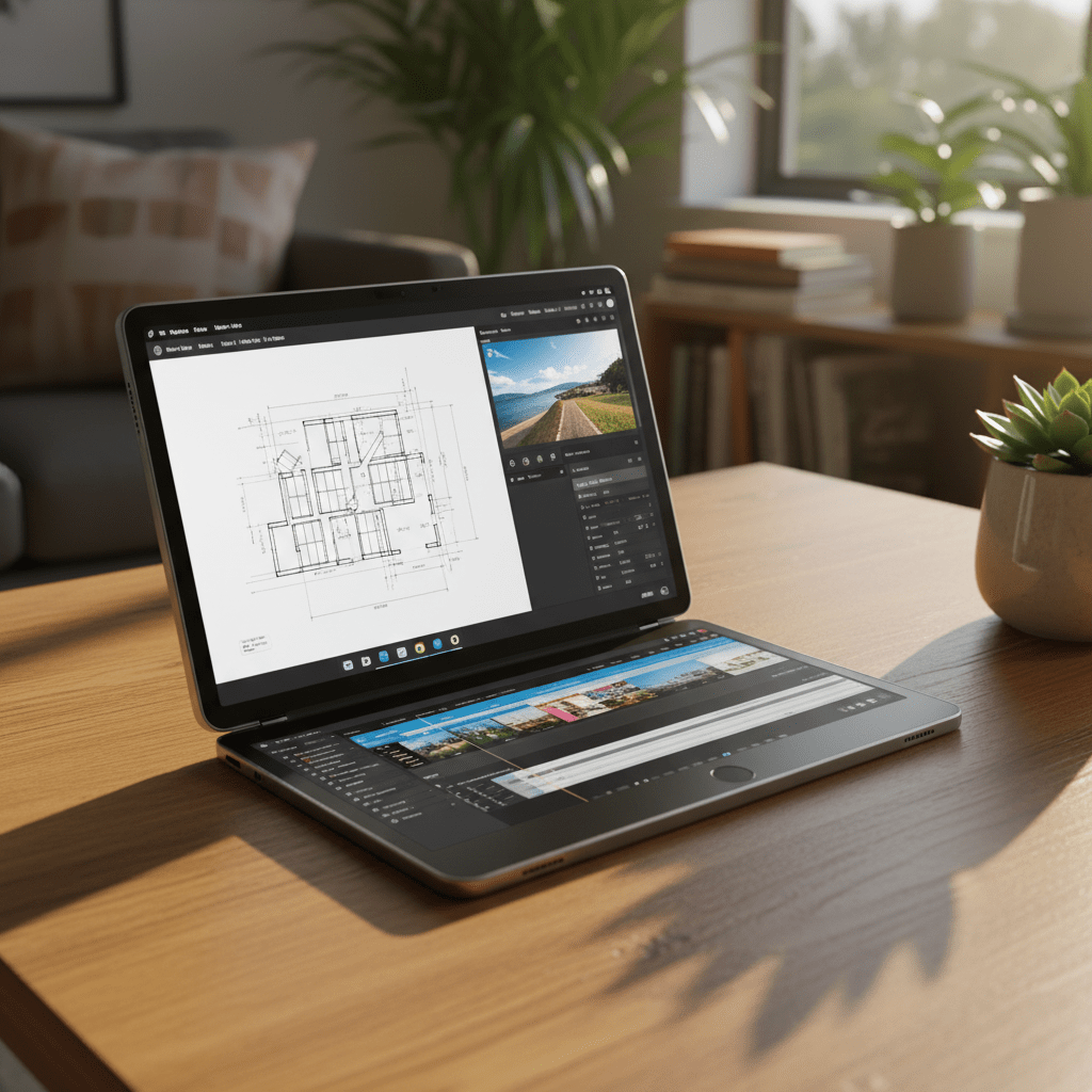 Foldable tablet with E-Ink and OLED displays on a wooden table in natural light.