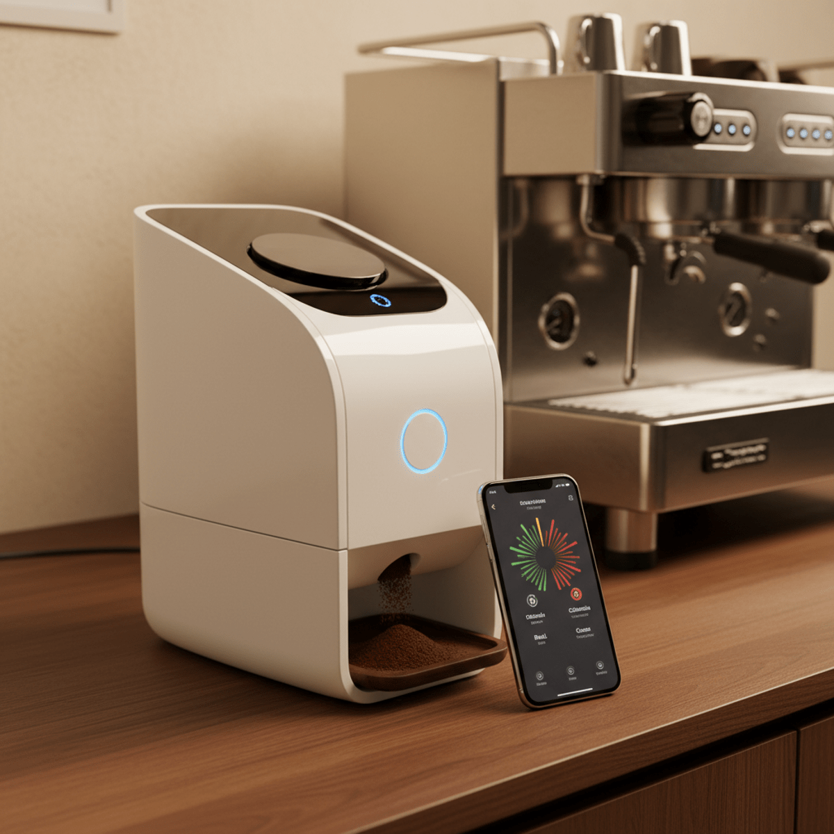 Sleek white coffee grinder with illuminated indicator next to a smartphone showing grind settings.