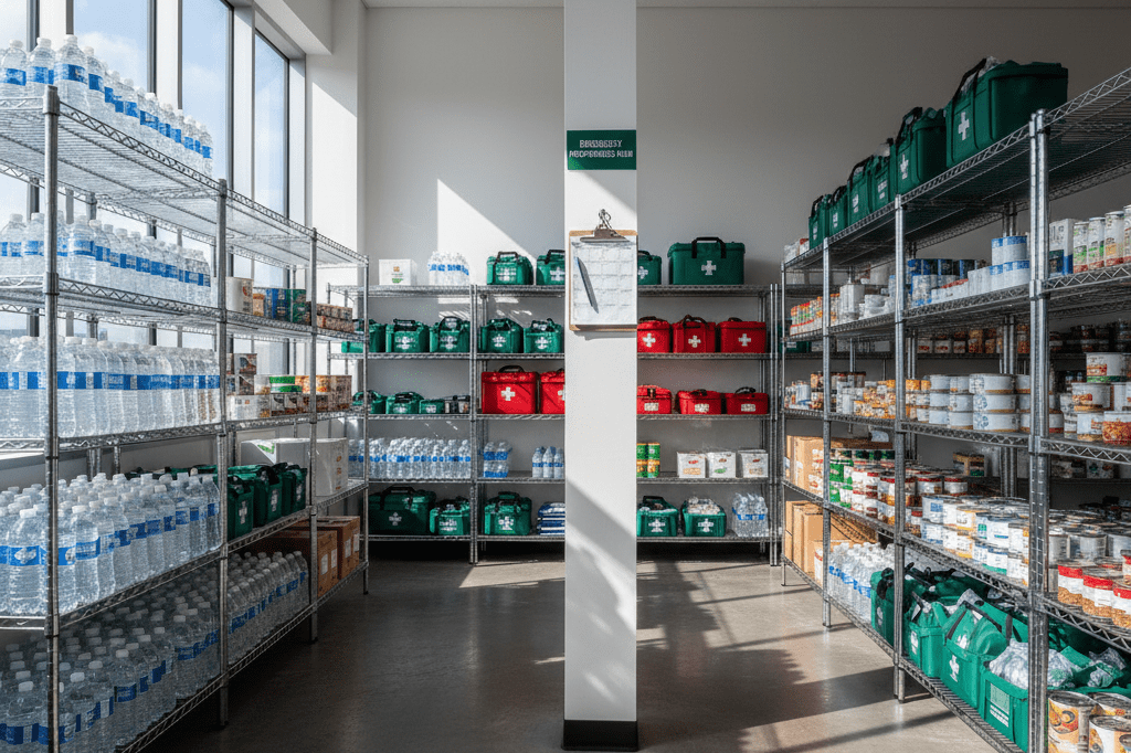Stocked shelves of emergency supplies in a disaster-ready storage room Wide shot of organized emergency supplies including water bottles and first aid kits, representing community resilience