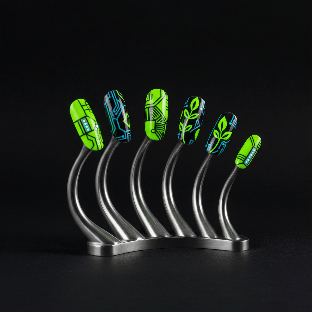 Futuristic nail art display featuring glowing Cyber Lime press-on nails with geometric designs.