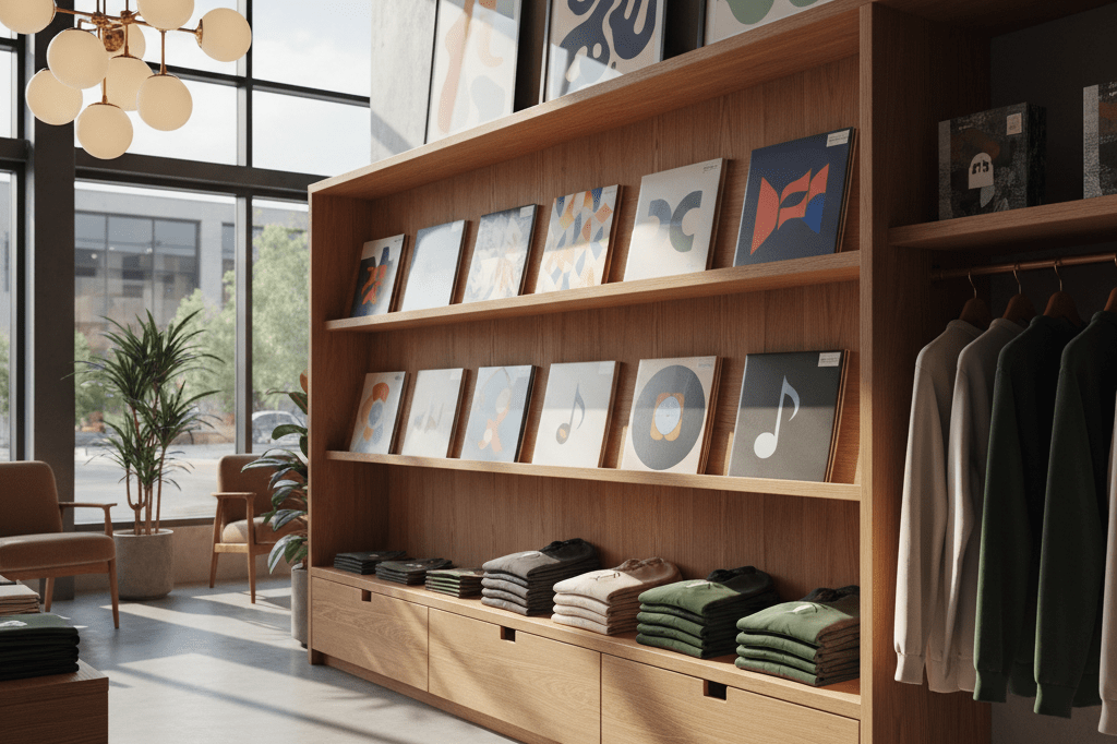 Vinyl records, posters, and apparel showcased in a warmly lit retail space, emphasizing music event-driven commerce