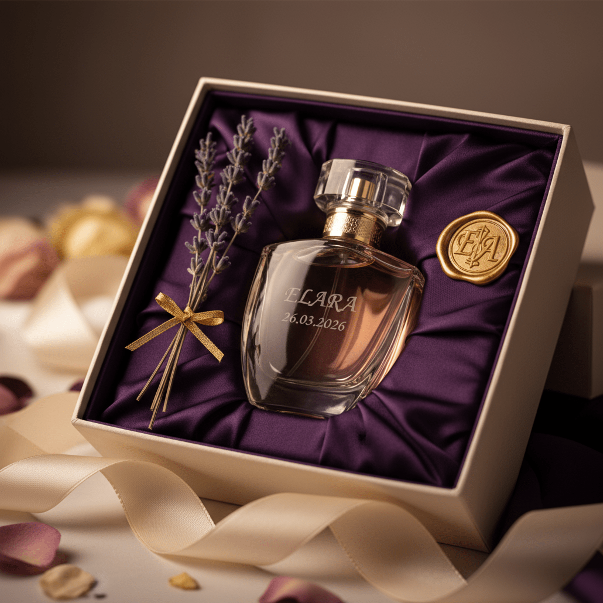 Custom glass perfume bottle in elegant satin-lined packaging with lavender.