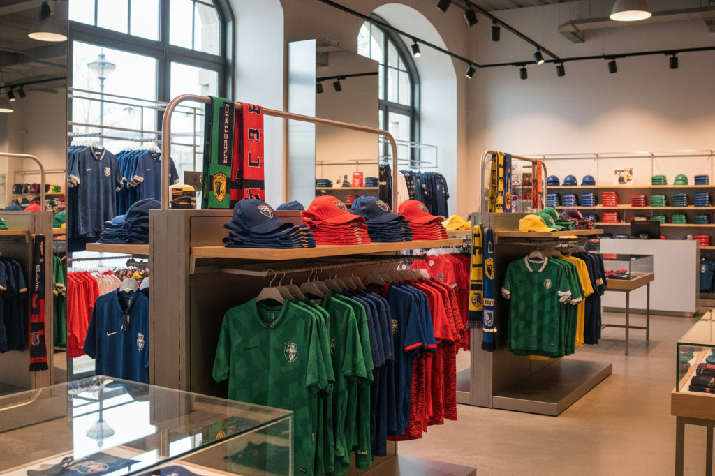 Stylish sports merchandise displayed on sleek shelves under warm ambient lighting, highlighting effective visual merchandising strategies