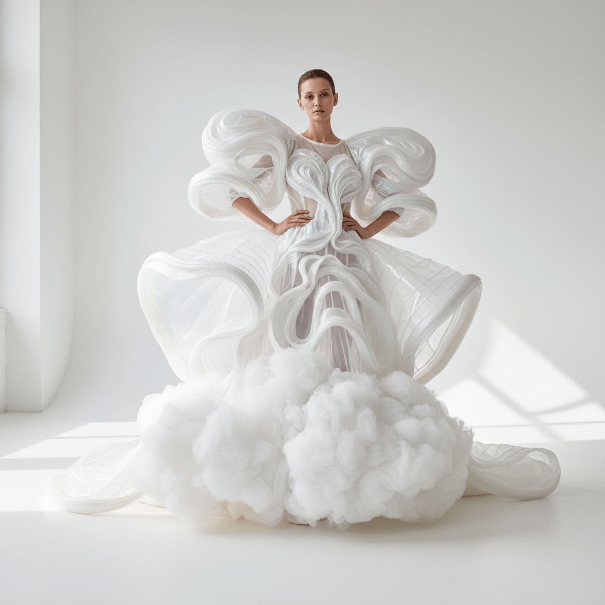 Maximalist fashion features an oversized sculptural garment with enormous puffed sleeves and a voluminous skirt.