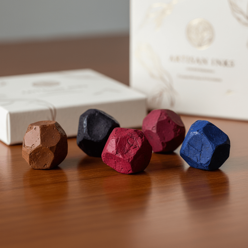 Jewel-like solid ink crystals for calligraphy on a wooden desk.