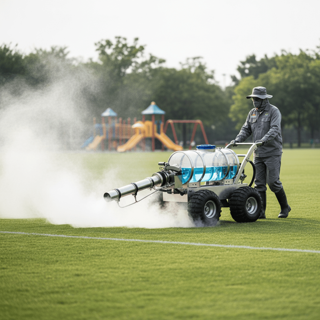 Modern wheeled mosquito fogger machine spraying mist on a green soccer field.