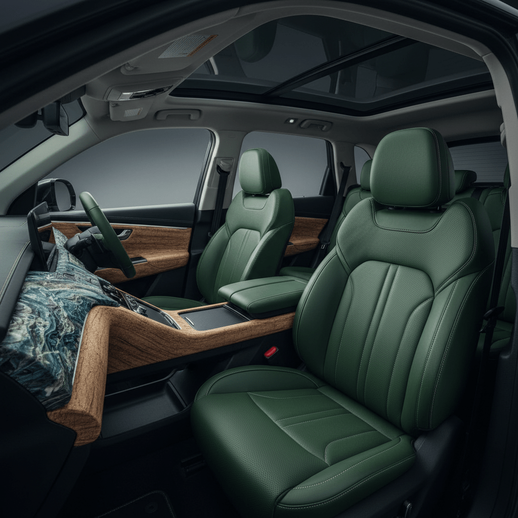 Spacious SUV cabin showcases sustainable materials like ocean plastic and mushroom leather.