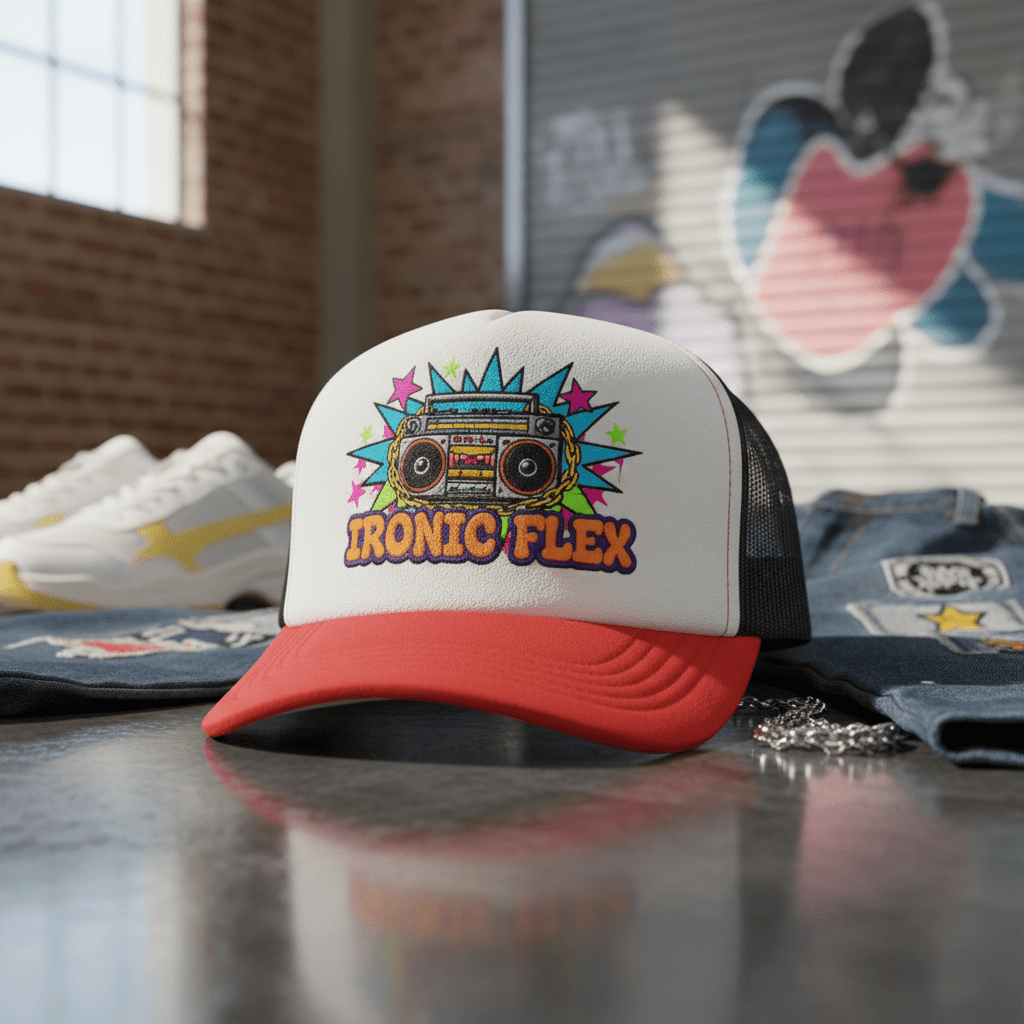 Structured mesh-back hat with bold 2000s hip hop graphics on a studio backdrop.