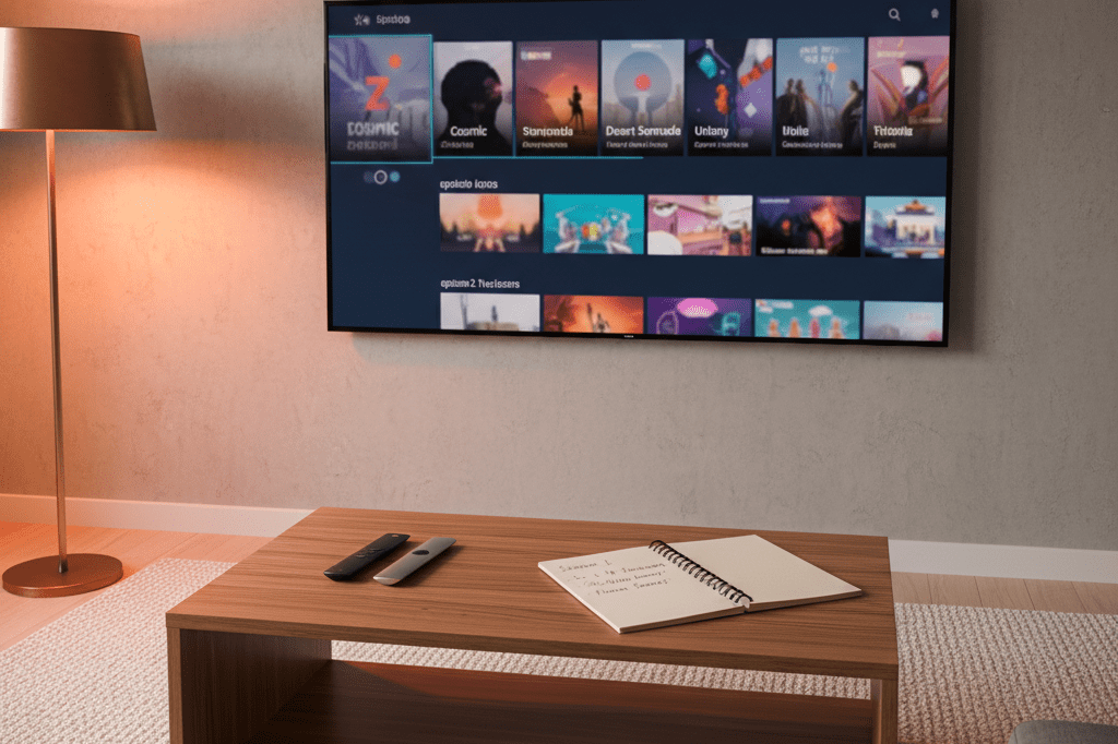 Warmly lit living room with smart TV and notebook highlighting serialized content strategies for viewer retention