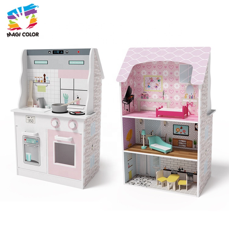 Готовы к отправке 2 в 1 Мини Деревянный кукольный домик и кухня для ролевых игр W06A371D