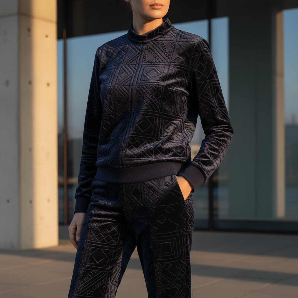 Modern navy velvet tracksuit with debossed geometric patterns, illuminated by golden hour light.