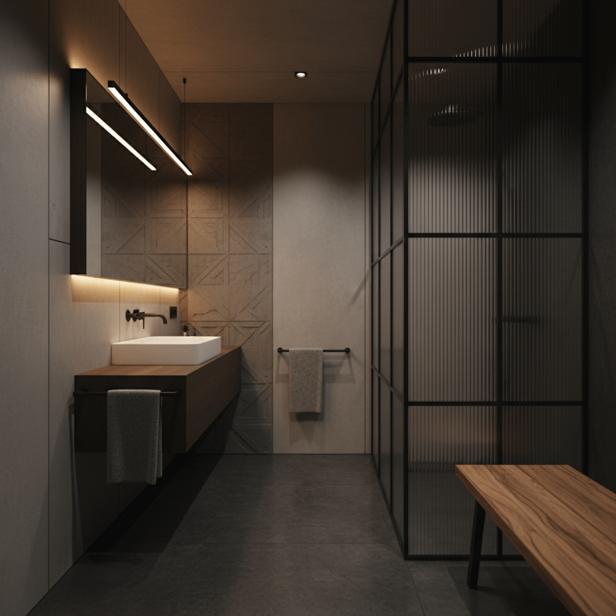 Contemporary urban bathroom featuring industrial-chic design with matte black panels and dark stone.