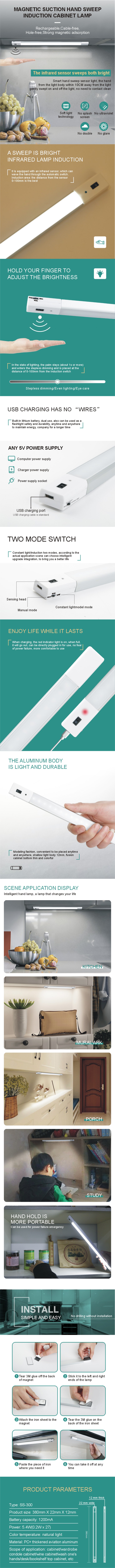 Human body induction  lamp rechargeable LED wireless kitchen USB automatic wardrobe lamp strip magnetic suction cabinet lamp
