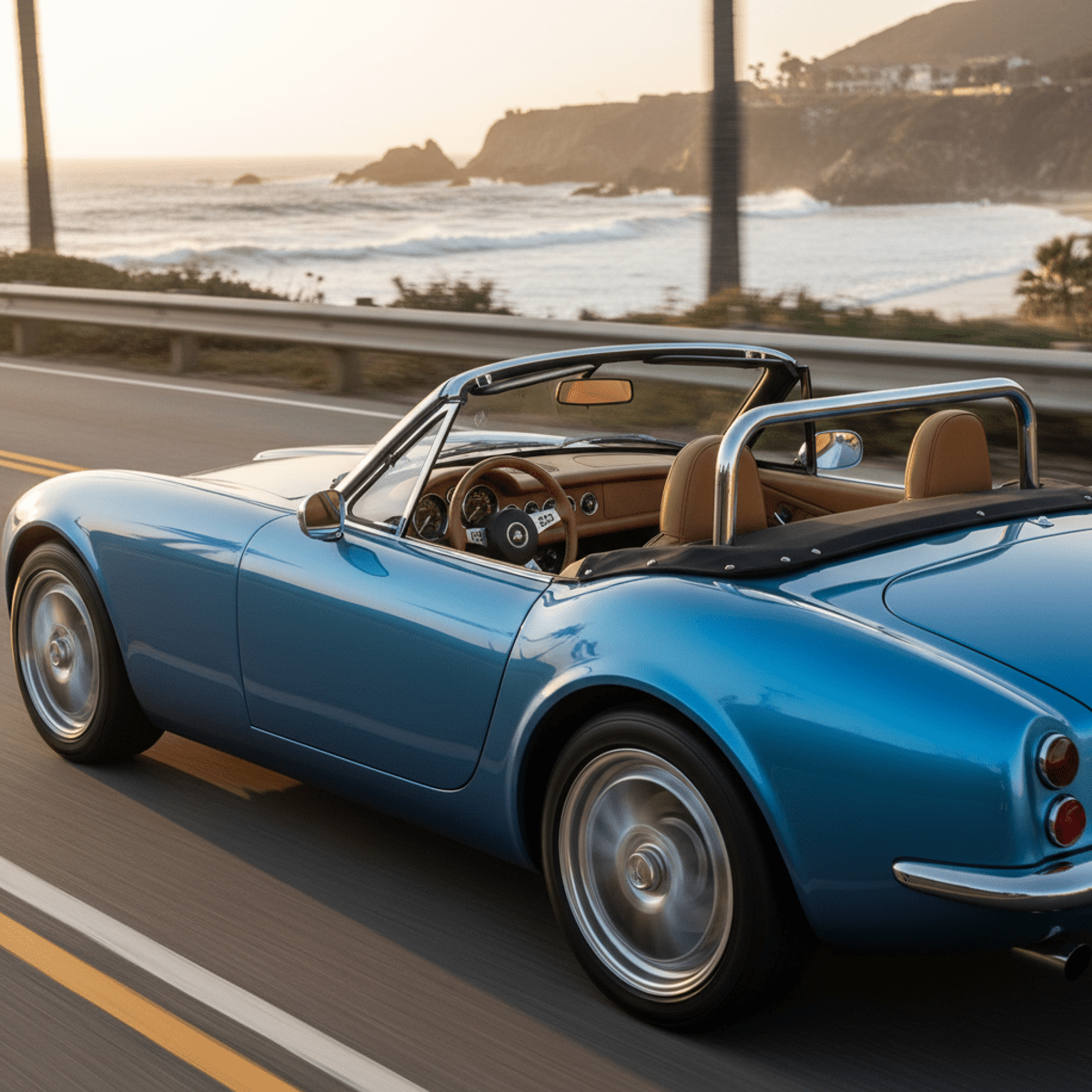 Sleek 2026 sports car with tan leather interior cruises a coastal highway at sunset.
