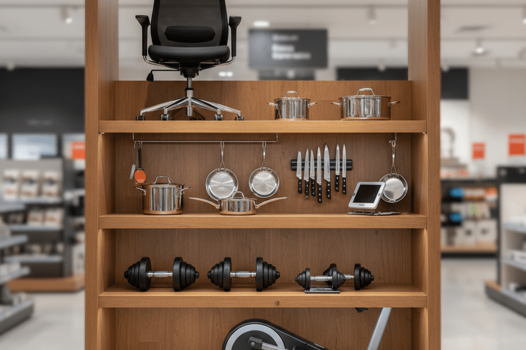 Photorealistic medium shot of ergonomic chairs, stainless kitchenware, and fitness gear on neutral-toned retail shelves under soft ambient lighting
