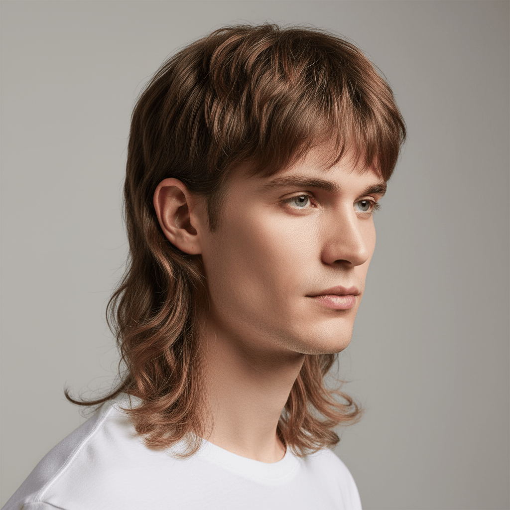 Modern soft tech mullet haircut with textured layers and flowing waves.