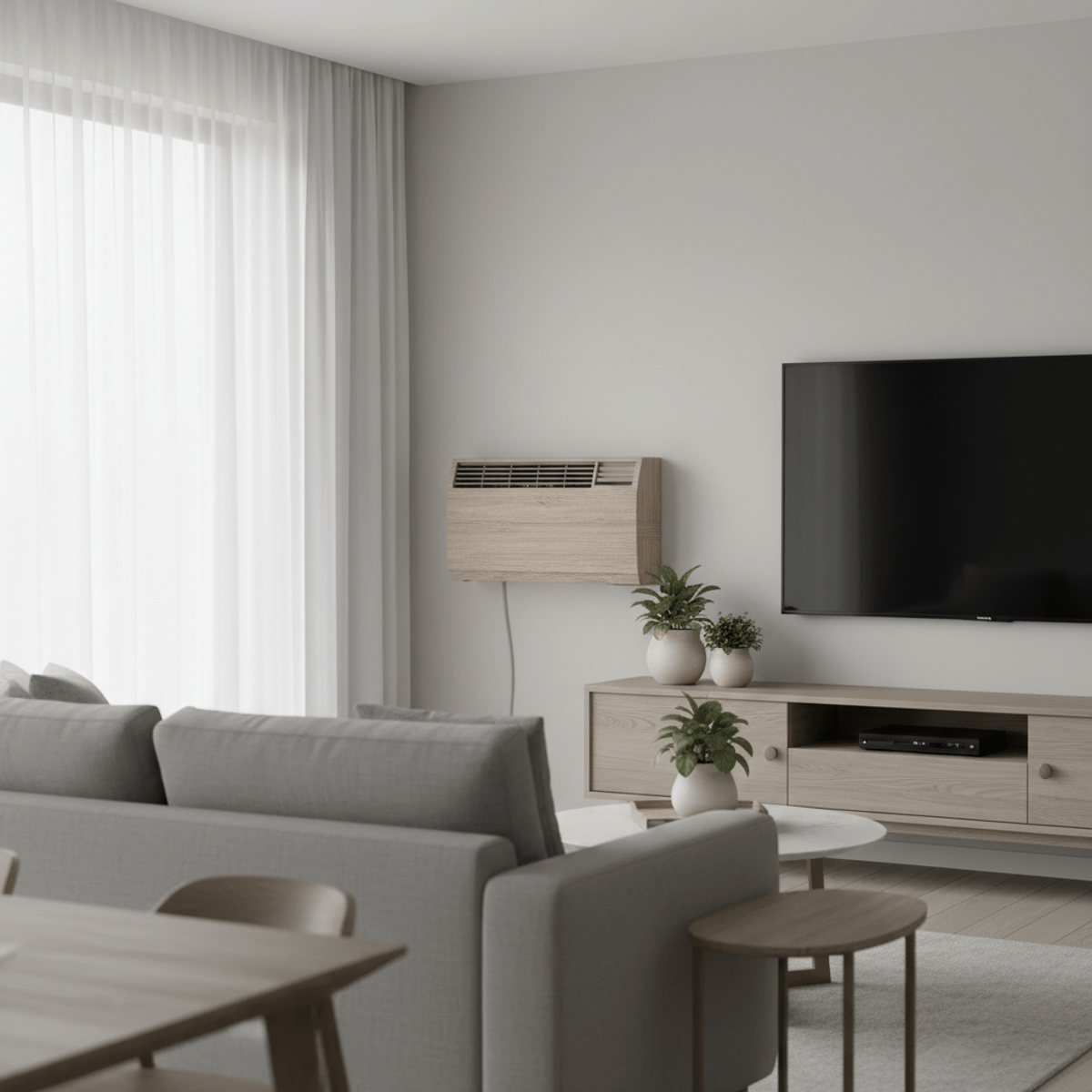 Modern AC unit with realistic bleached oak vinyl wrap Modern living room with AC unit featuring realistic bleached oak vinyl wrap.