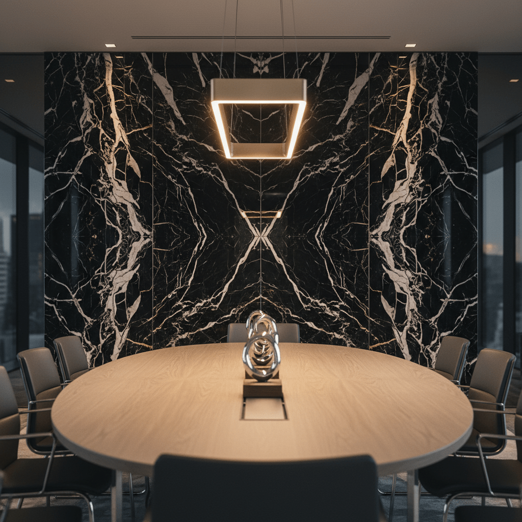 Dramatic black marble wall panels with hypnotic symmetrical patterns in an executive boardroom.