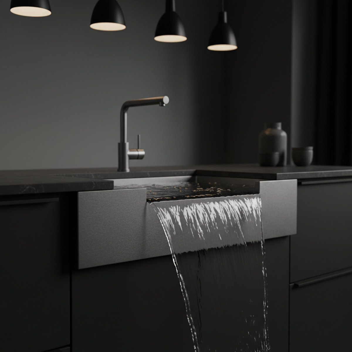 Modern industrial kitchen sink with water flowing over its matte gunmetal gray apron.