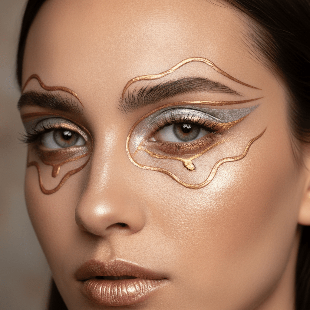 Model with hyper-reflective silver, gold, and rose-gold architectural eyeliner wings.