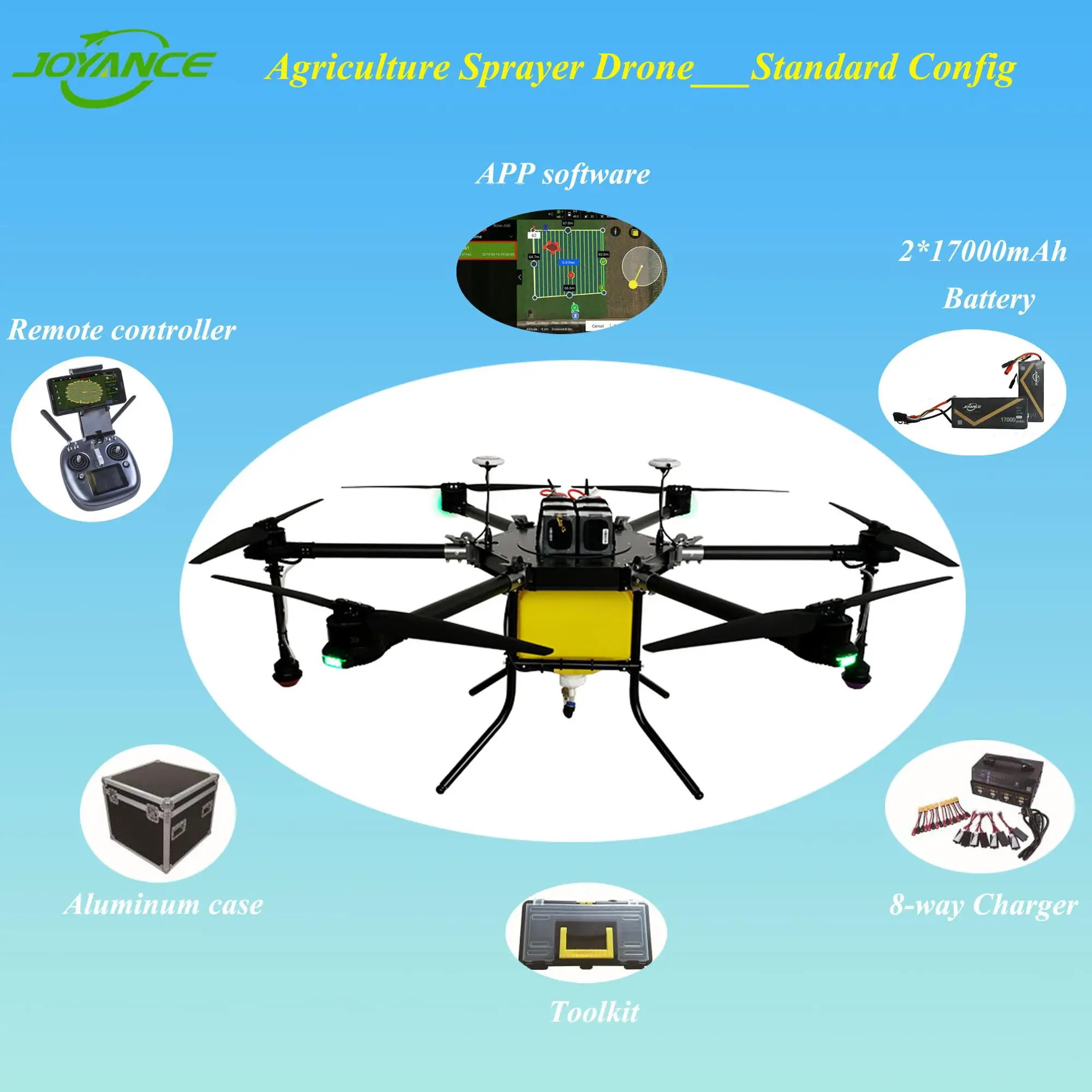 JOYANCE JT15L-606 15L Agricultural Drone, JOYANCE Agriculture Sprayer Drone Standard Config APP software 2*1700O