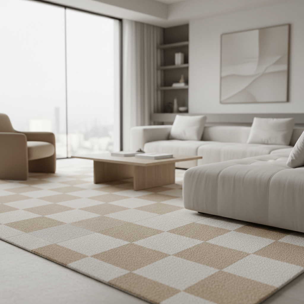 Elegant tonal checkerboard carpet in soft cream and ivory in a modern living room.
