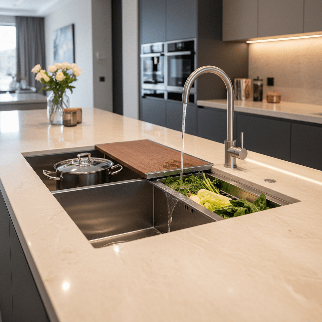 Luxury kitchen sink workstation with dual zones, waterfall edge, and integrated drainage.